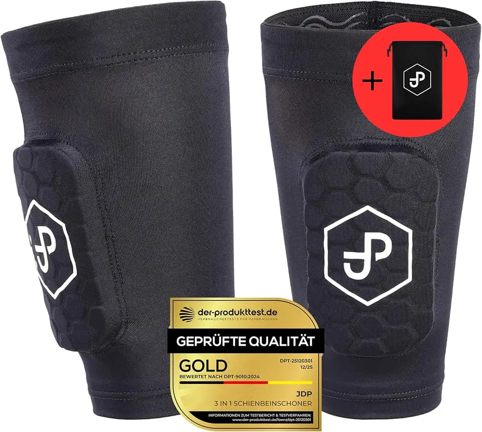 JDP 3in1 Schienbeinschoner mit integriertem Schutzpad, Premium Fußball Schienbeinschoner, Schienbein Schoner inkl. Fußballstutzen und schützendem Pad, Fußballschoner Fussball Herren Frauen Kinder