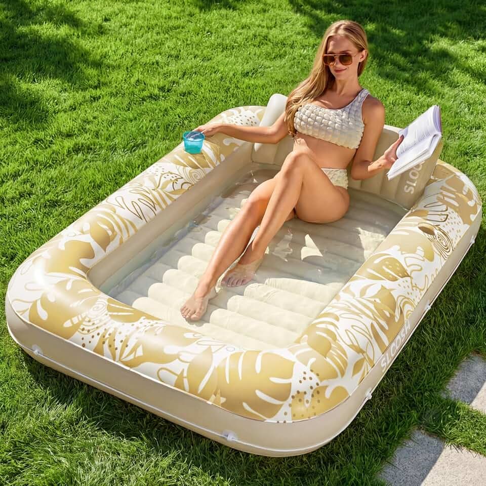 SLOOSH Aufblasbare Tanning Pool, 70" x 46"/ 85" x 57" Große aufblasbarer Luftmatratze für Erwachsene mit Kissen, 4-in-1-Sonnenliege, Badebett,Partygeschenk