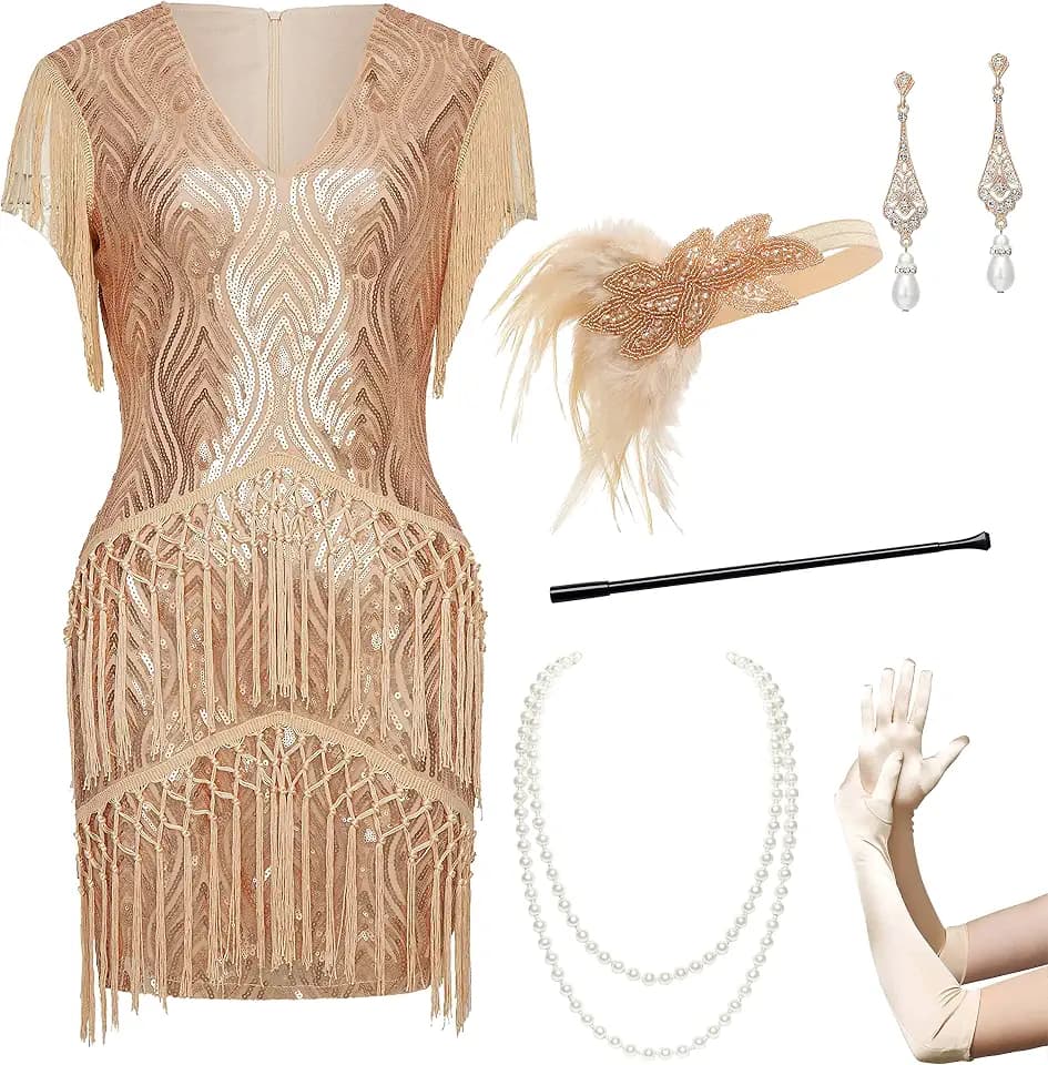 BABEYOND 1920s Flapper Dress Long Fringed Gatsby Dress Roaring 20s Sequins Beaded Dress Vintage Art Deco Dress