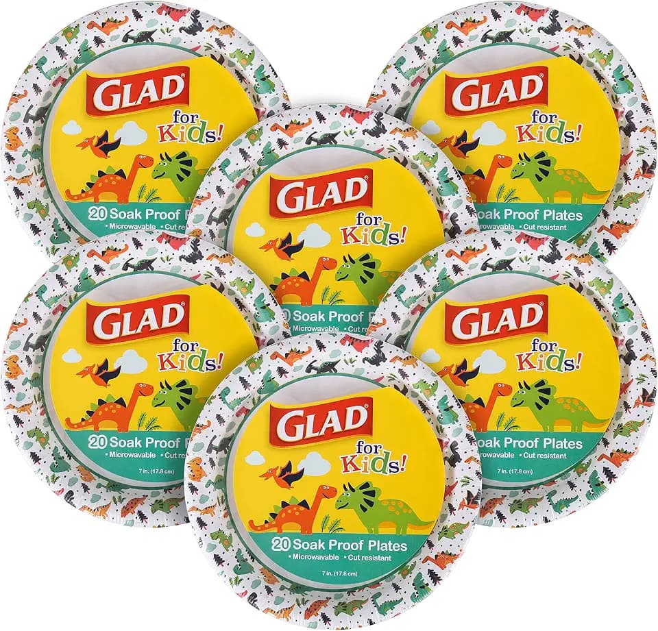 Glad for Kids Round Disposable Paper Plates, Dinosaur, 7 Inch, 20 Ct, 6-Pk