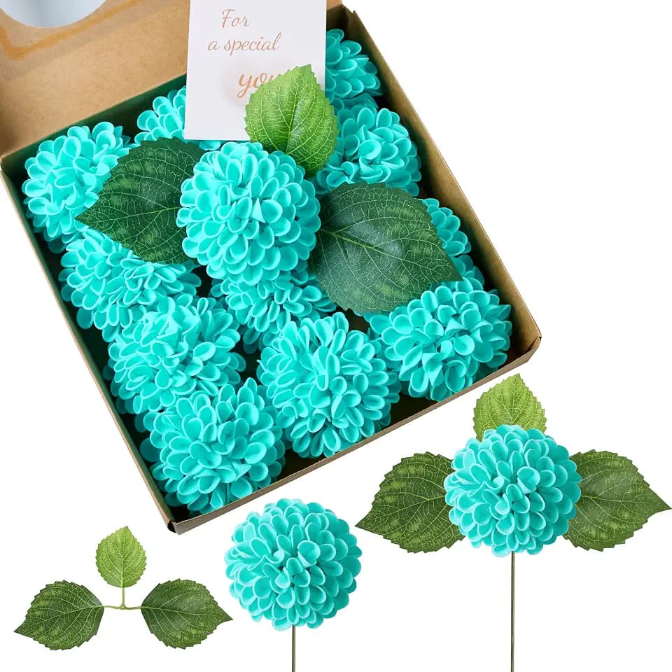Türkisgrüne Künstliche Blumen 12 Stück Dahlien Kunstblumen wie Echt 7.5cm Schaum Hortensie Blaugrüne Fake Blumen Deko für Vase Arrangements Centerpieces Hochzeits Zuhause Partytische