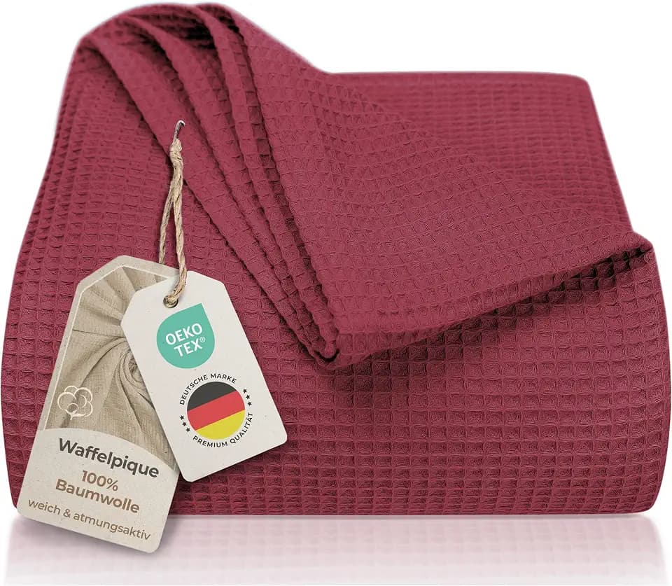 LAYNENBURG Premium Tagesdecke 180 x 220 cm - Waffelpique 100% Baumwolle - leichte Wohndecke Waffeloptik - Baumwolldecke als Bett-Überwurf, Sofa-Überwurf, Couch-Überwurf - Sofa-Decke (Bordeaux)