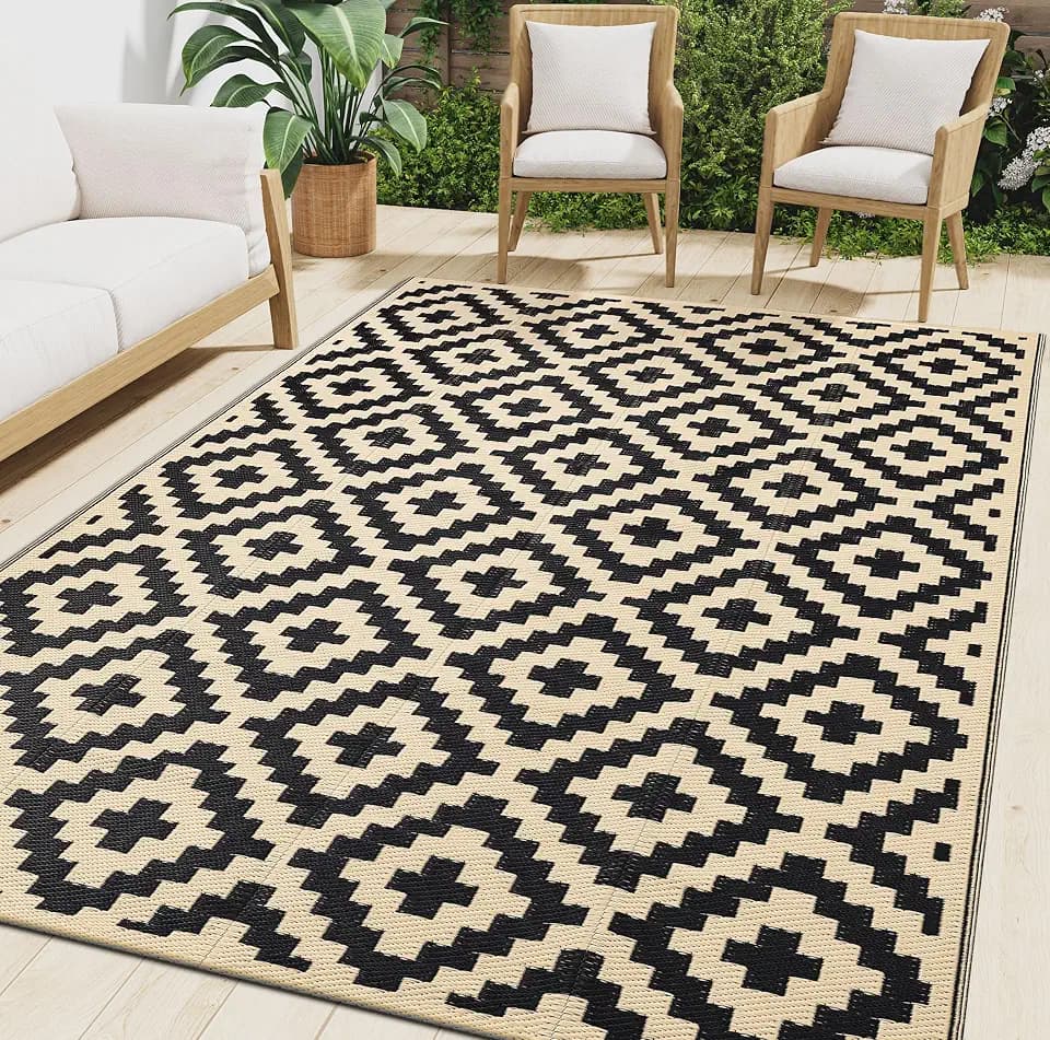 Smiry Outdoor Rug 5x8 ft Waterproof Reversible Boho Mat, Black & Beige