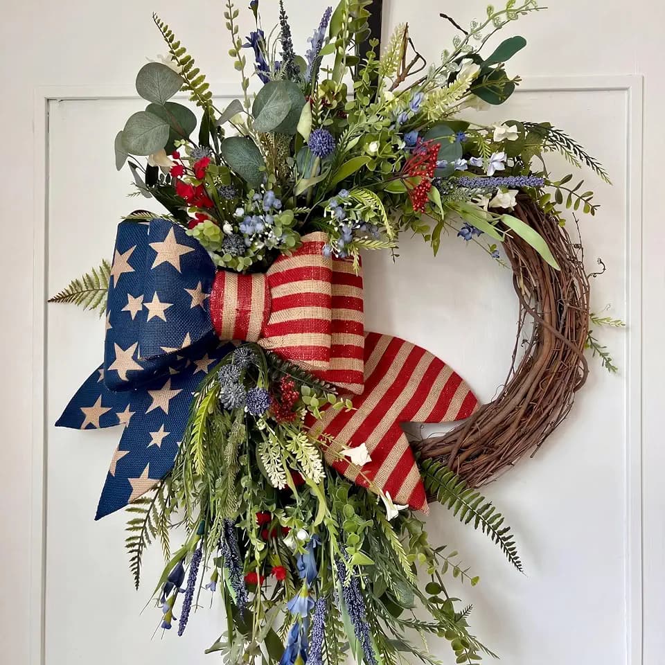 Suncalla Patriotic Wreath for Front Door Red White Blue Flowers Outdoor 250th Anniversary 4th of July American Flag Bow Wreath for Independence Day Memorial Day Inside Outside Home Decor