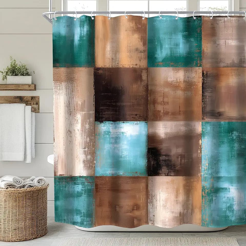 Brown Teal Abstract Rustic Farmhouse Modern Bathroom Shower Curtain Set