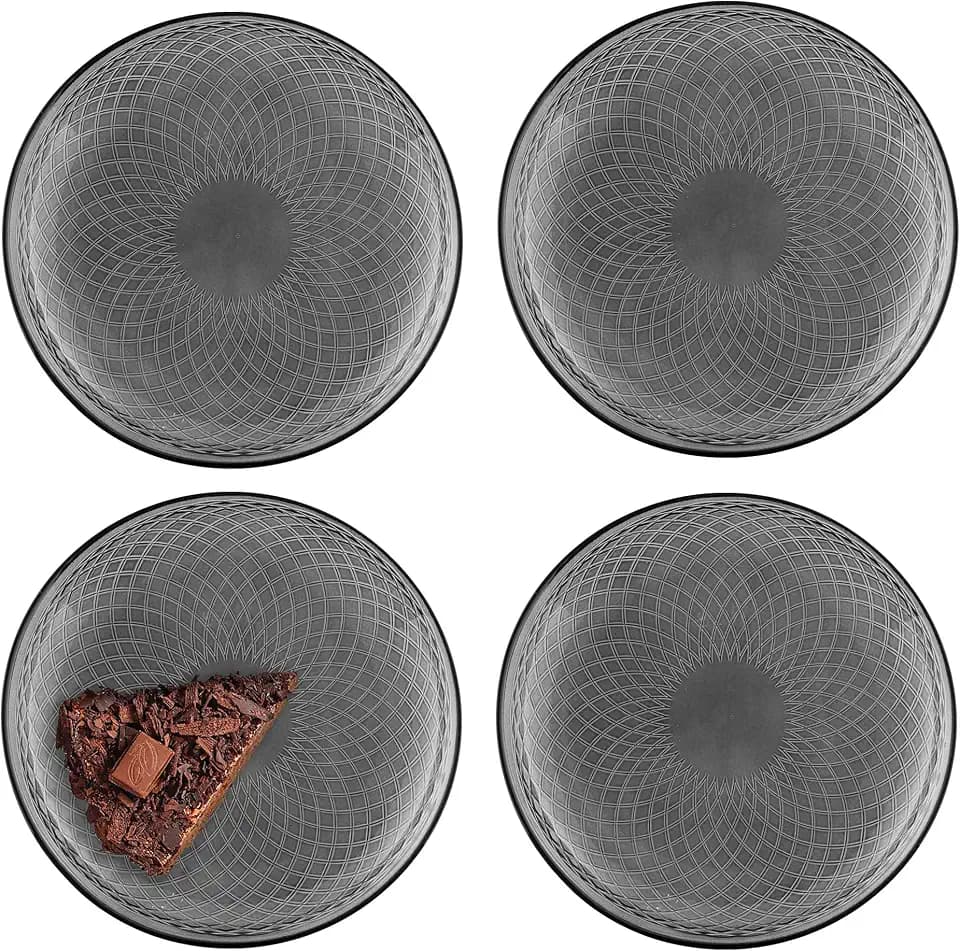 TREND FOR HOME Geschirrset 4 Personen Teller Set aus Glas Dessertteller Frühstücksteller Servierteller Kuchenteller Salatteller Bunt, 4 Stück, Ø 17.4 cm, Geometrische Muster, Alisse Smoky
