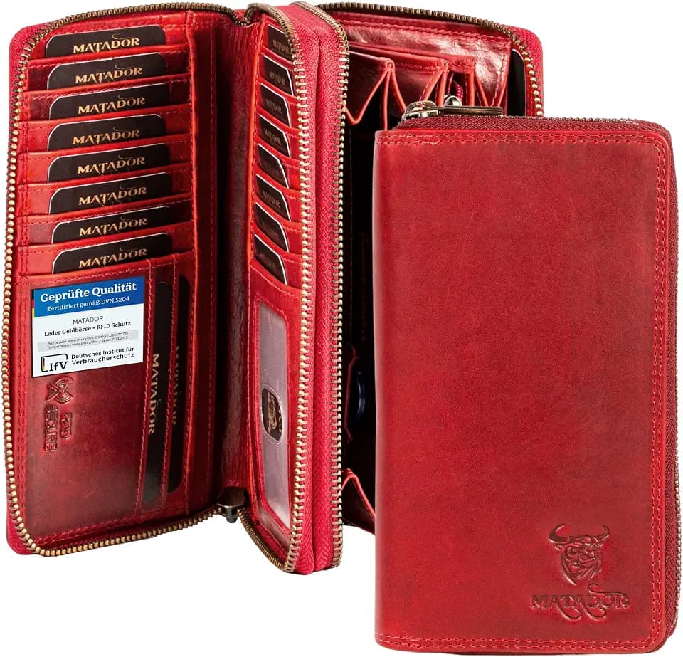 MATADOR Geldbörse Damen Rot #Madrid mit Edle Geschenk Box, Eleganter Geldbeutel Leder, RFID Geldbörse, Luxus Frauen Geschenk mit Viele Kartenfächer