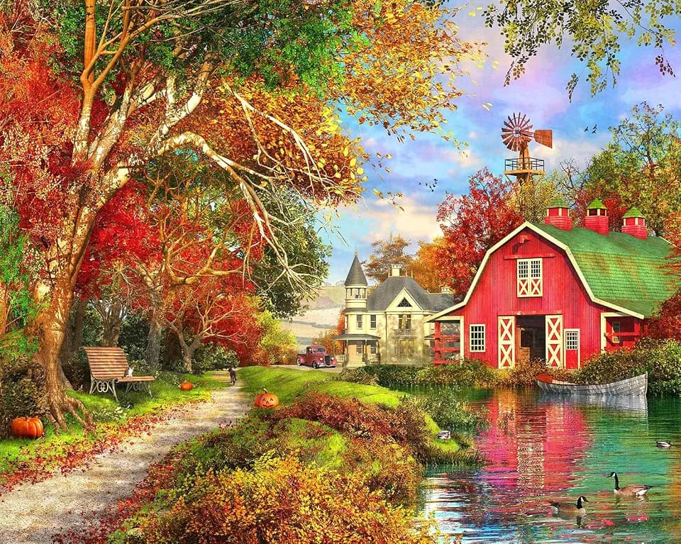 Springbok - Autumn Barn - 1000 Piece Jigsaw Puzzle Illustration of Classic Barn and Farm House in Fall