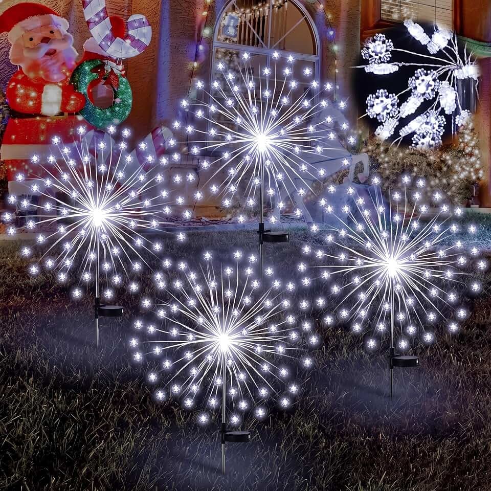 Tujoe 4 Pcs White Snowflake Solar Lights 90 LED 8 Modes Waterproof