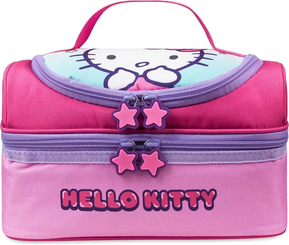 Get Trend Hello Kitty Kids Reusable Insulated Lunch Bag, Lightweight Cooler Bag, Dual Compartment with Handle, Fits Kids Lunch Box for School, Picnic, Kawaii Gifts for Girls (Pink Hello Kitty)