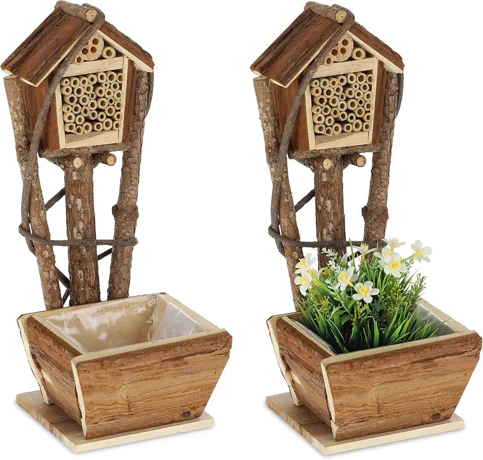 Relaxdays Bienenhotel mit Blumentopf, 2er Set, kleines Insektenhotel, Natur