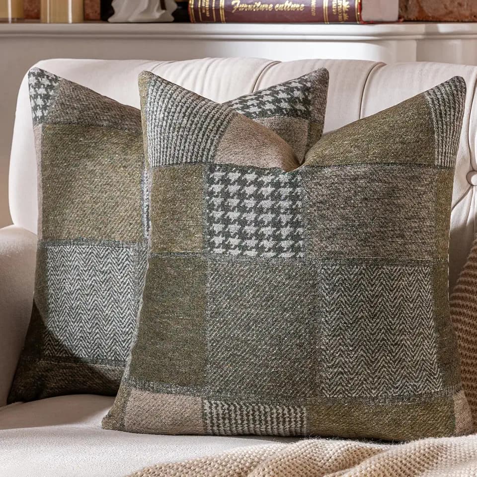 AmHoo Throw Pillow Covers Woolen Patchwork Checkered, 20 x 20 Green