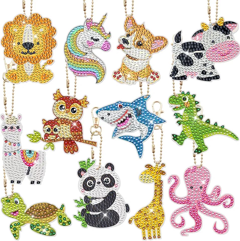 Augisteen 12 PCS Diamond Painting Keychains Kit Animals Diamond Art Ornaments Double Sided 5D Diamonds Key Rings DIY Diamonds Pendants for Beginners Birthday Crafting Home Party Decor