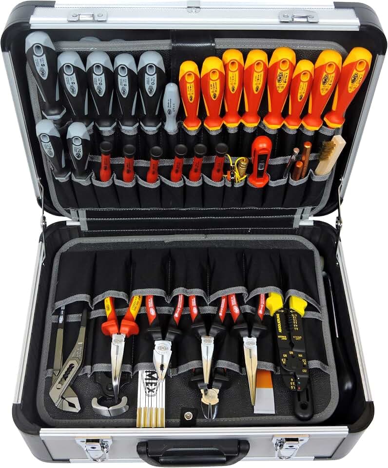Famex 700-L Alu Werkzeugkoffer leer mit 2 Paletten mit 56 Einstecktaschen - max. Traglast 30 kg - Facheinteilung im Kofferboden - ohne Werkzeug - 460 x 355 x 180 mm
