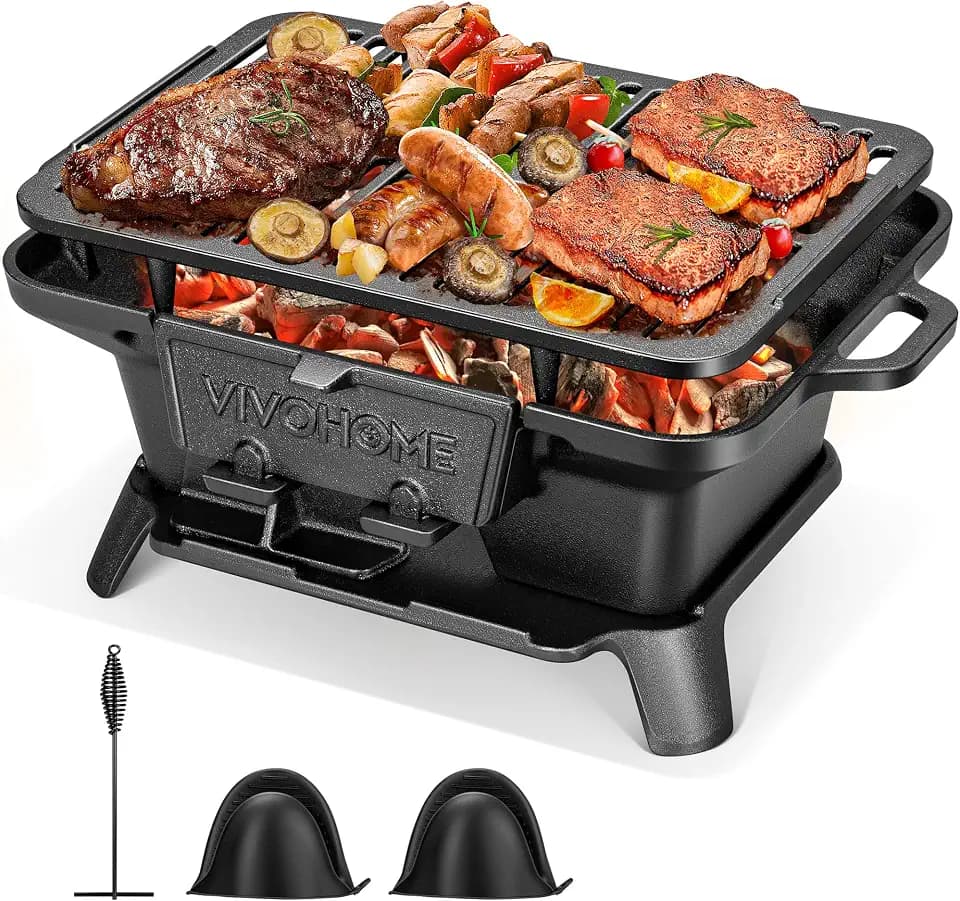 VIVOHOME Rectangle Cast Iron Charcoal Grill with Double-Sided Grate