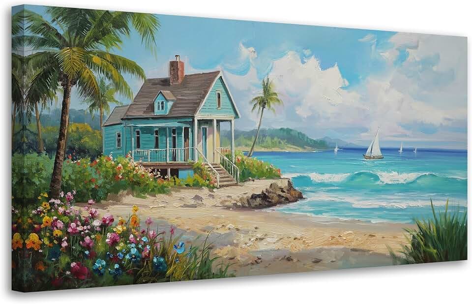 Anolyfi Tropical Large Canvas Wall Art for Living Room, Palm Tree Nature Coastal Seascape Painting Wall Decor Textured Artwork for Bedroom Hallway Kitchen Office Home Decor 58"x29"