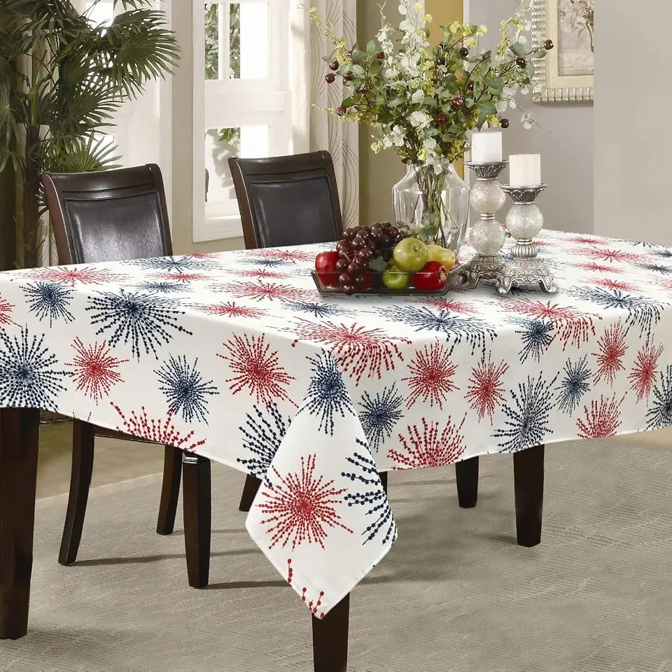 CAIT CHAPMAN HOME COLLECTION Red White Blue Celebration Fireworks Easy-Care Fabric Tablecloth (70"x108", White)