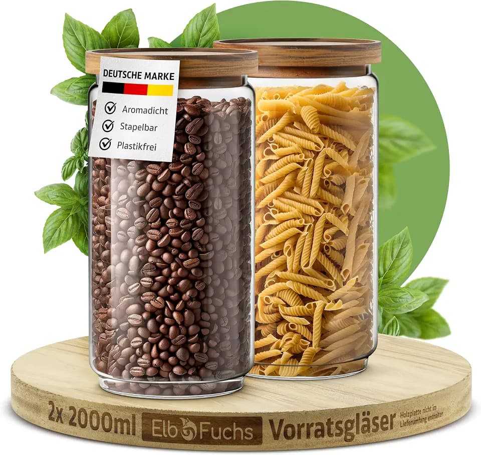 ElbFuchs Vorratsgläser mit Deckel luftdicht I 2x 2000ml BPA-frei & mottensicher I Vorratsdosen aus Borosilikatglas mit Holzdeckel I Aufbewahrungsgläser für Kaffeebohnen, Mehl & Nudeln