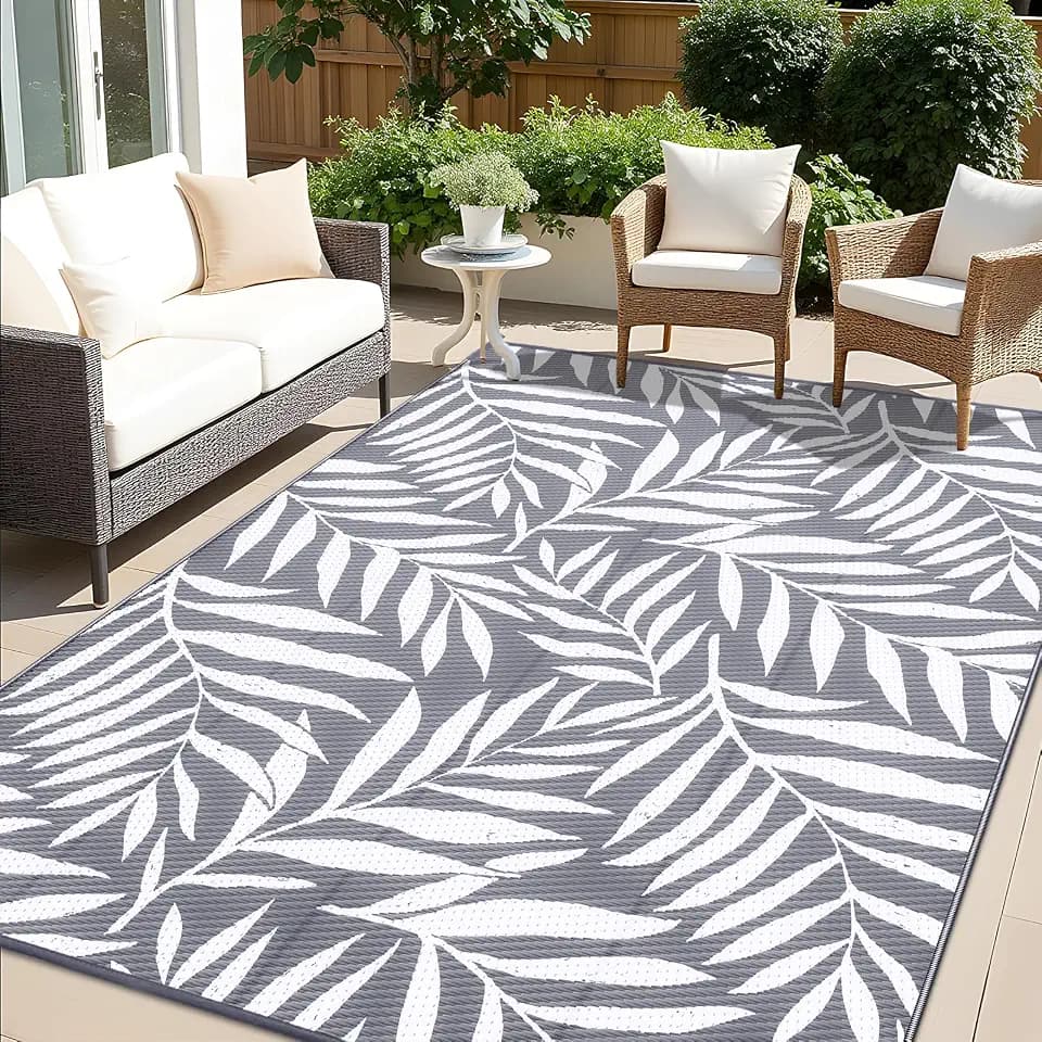 OLANLY Outdoor Rug 6x9 ft Waterproof Reversible Leaf Mat, Grey & White
