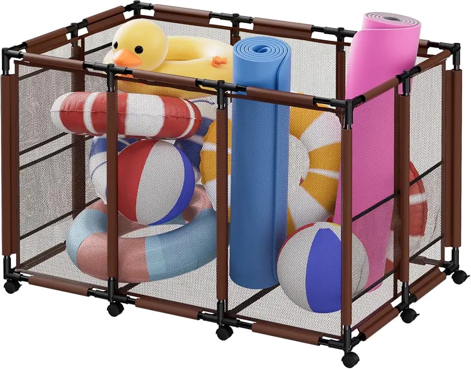 Extra Large Pool Storage Bin, Metal Rolling Float Swimming Equipment Holder Organizer Cart with Mesh, Brown XL