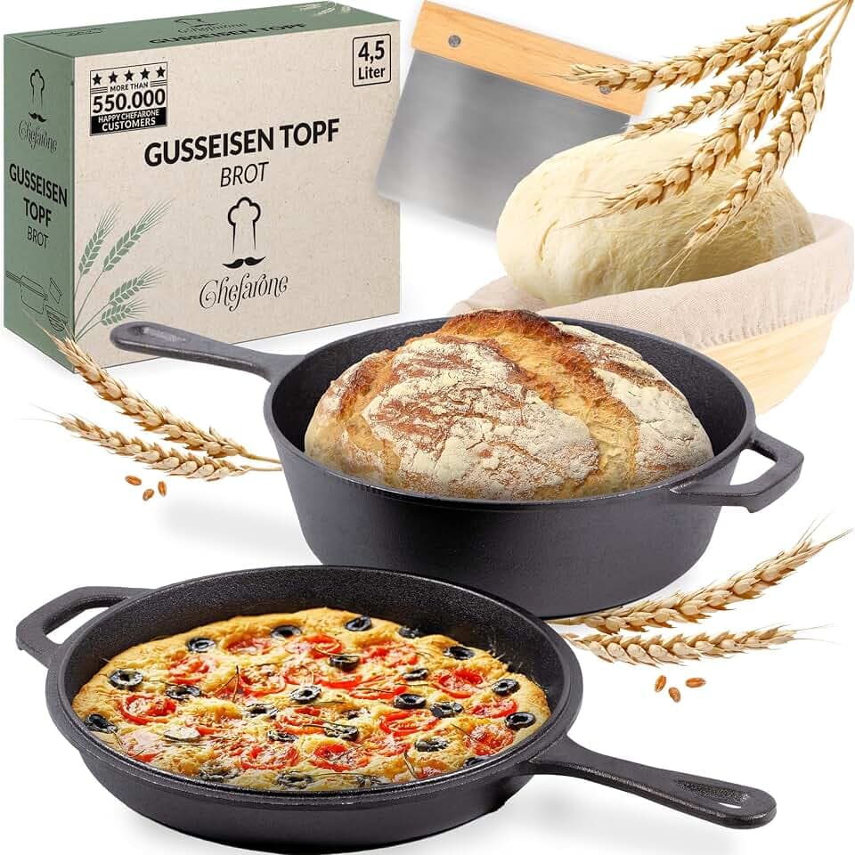 Chefarone Gusseisen Topf 3L - Brotback Set mit Gärkorb 2 in 1