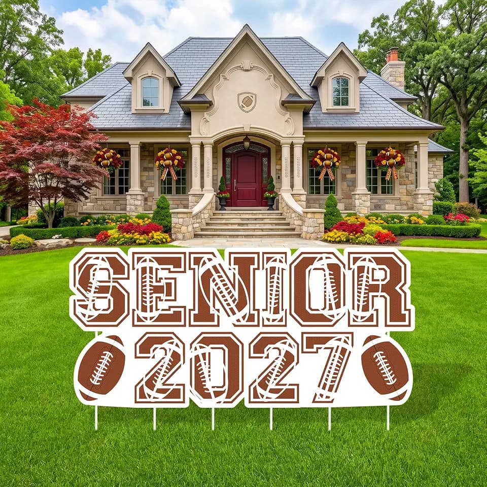 Football Senior 2027 Yard Sign with Stakes, Giant 31.5" Class of 2027 Graduation Lawn Decorations, Brown Sports Theme Graduation Party Supplies Outdoor Sign for High School Senior Night Photo Props