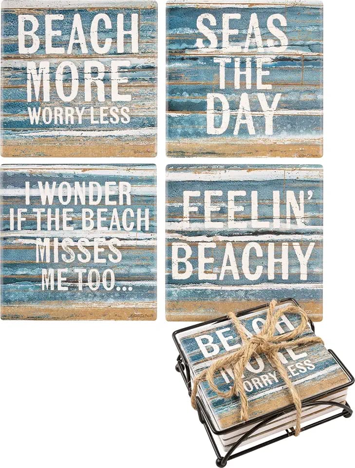 Primitives by Kathy Set of 4 Beach Themed Drink Coasters (Beach More & Seas The Day & Feelin Beachy)
