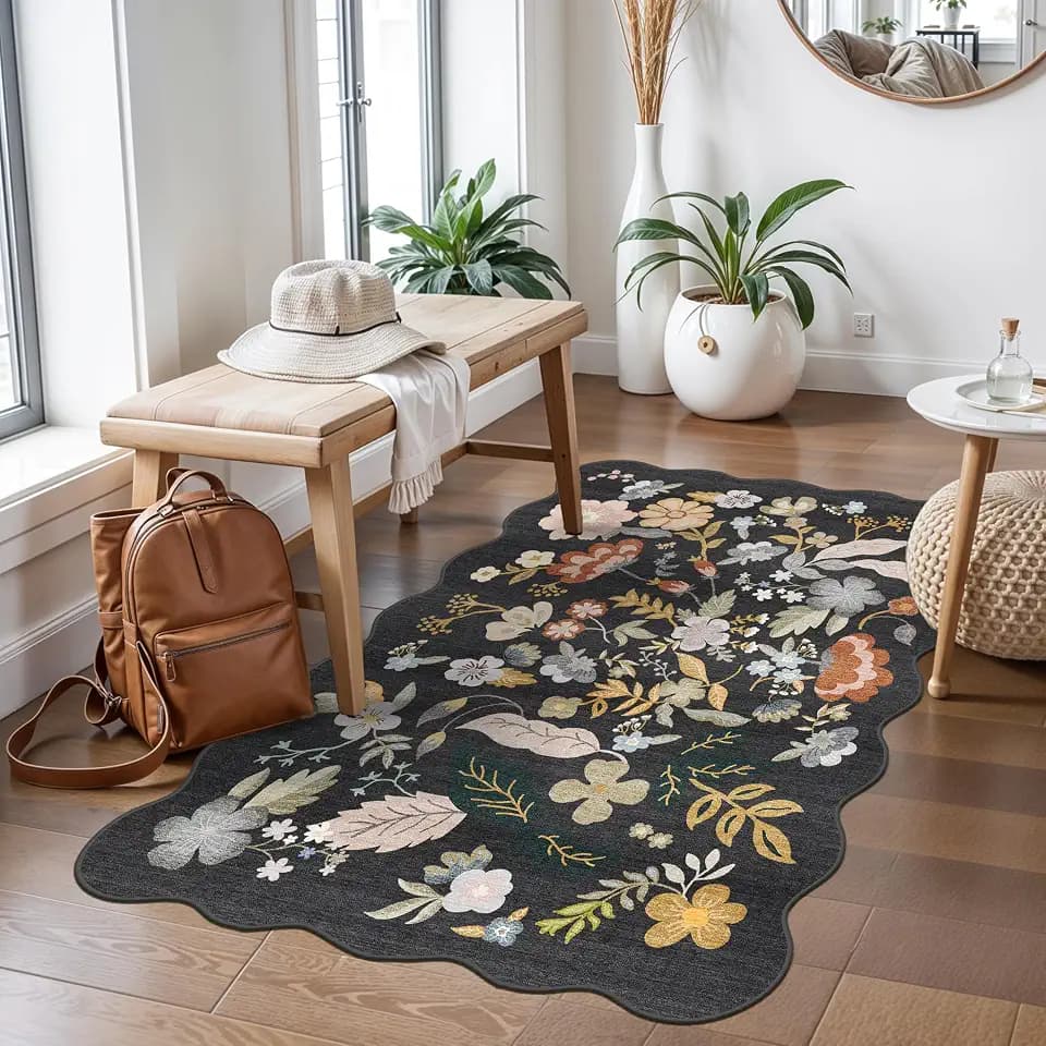 3x4 Rug Washable for Entryway: Boho Scalloped Floral Indoor Door Mat Black