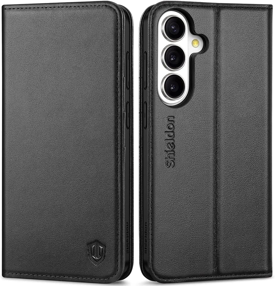 SHIELDON Genuine Leather Folio Wallet Case for Galaxy S26 6.5" 2026, Black