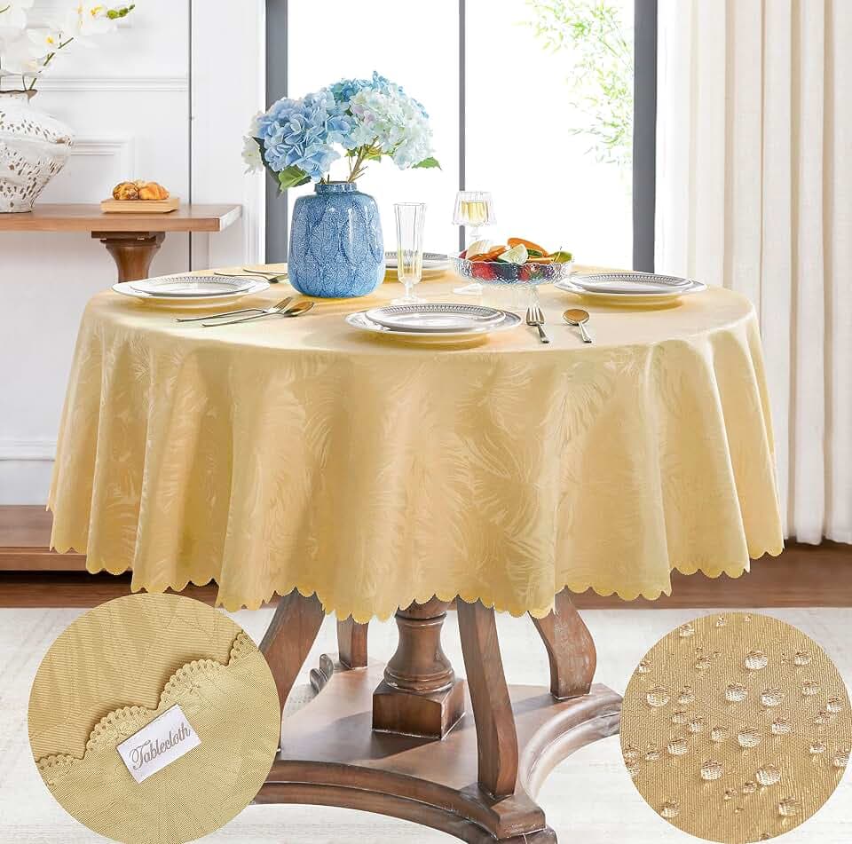 Round Tablecloth 60 Inch Fabric Table Cloth Leaves Pattern Scalloped Edge Silky Tablecloth Waterproof Wrinkle Resistant Washable Table Cover for Dining Party Banquet Decoration Golden