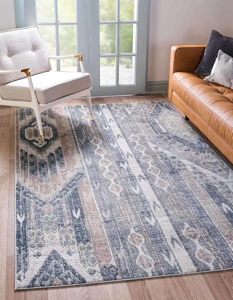 Unique Loom Portland Collection Southwestern Inspired Striped Tone-on-Tone Area Rug (8' 0 x 11' 0 Rectangular, Navy Blue/ Tan)