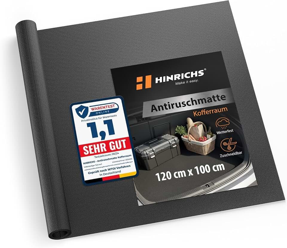 Hinrichs Antirutschmatte Auto 120 x 100 cm - Kofferraummatte zuschneidbar & wasserdicht - Anti Rutsch Matte, Schmutzfangmatte & Schubladenmatte - Gummimatte Kofferraum - Unterlage für Hundebox