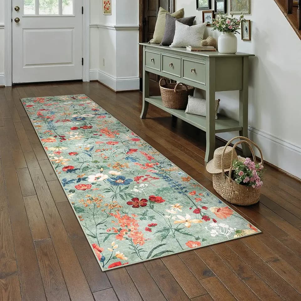 PureCozy Washable Floral Runner Rug 2x7 for Kitchen Vintage Green Carpet