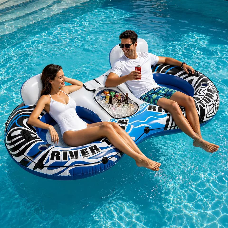 Simple Deluxe Pool Floats Adult Heavy Duty River Tube, 2 Person Water Lounge with Backrests, Built-in Removable Cooler, 2 Cup Holders, Deluxe Pool Float for Summer Relaxation, White Blue