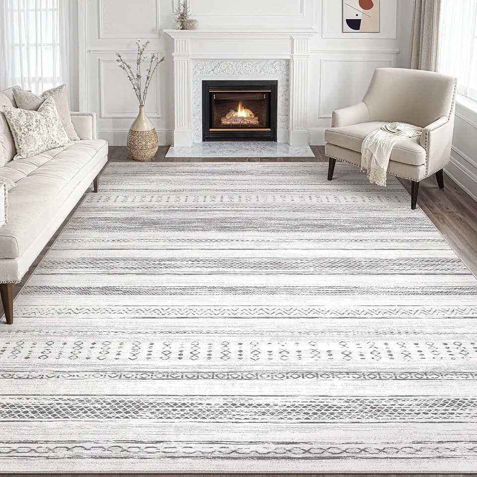 Tortania Area Rug Living Room Rugs - 8x10 Washable Large Soft Neutral Boho Moroccan Bohemian Farmhouse Rug Indoor Floor Carpet for Bedroom Under Dining Table Home Office Decor - Light Grey