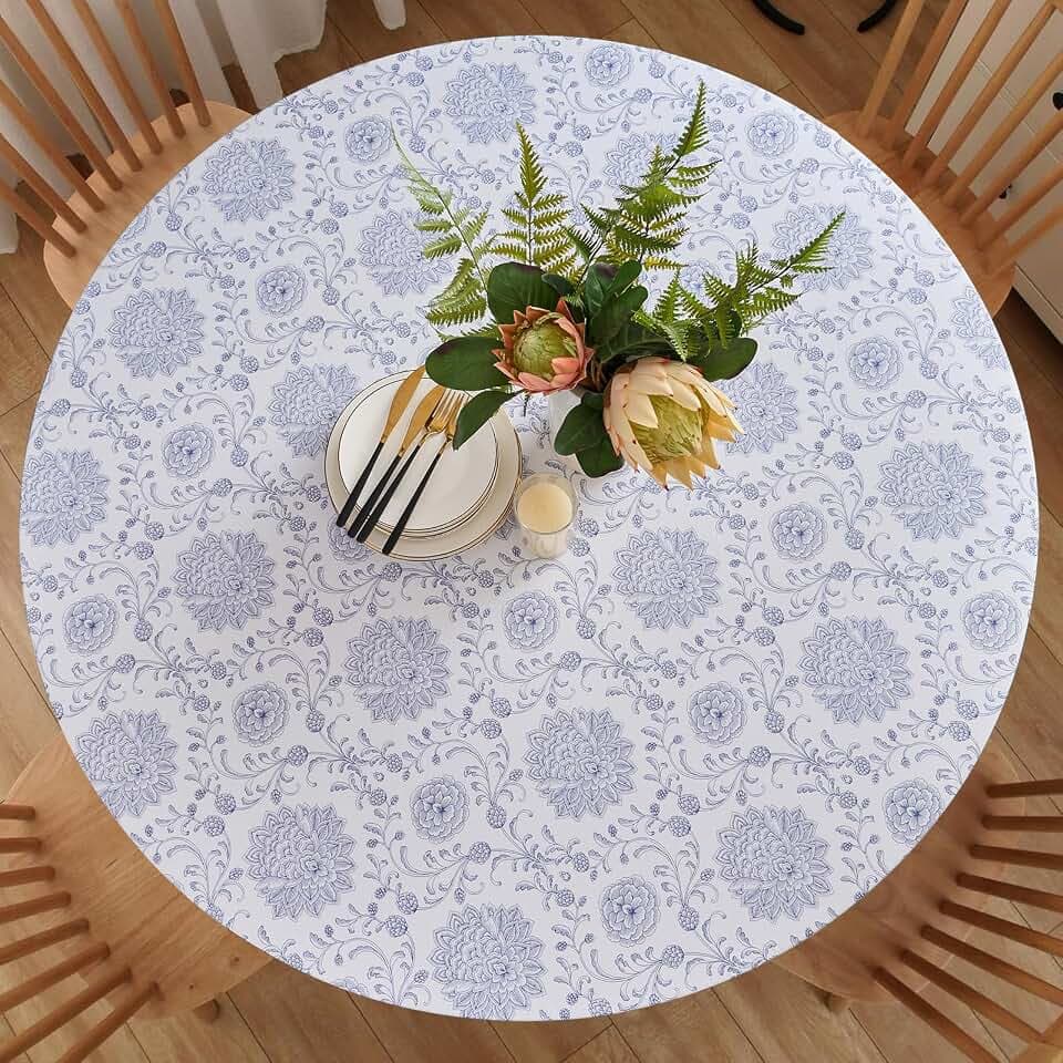 Round Tablecloth, Waterproof Flannel Backed Vinyl Tablecloths for 45" - 56" Tables, Wipeable Reusable Stretch Elastic Fitted Plastic Table Cloth for Indoor & Outdoor, White, Floral