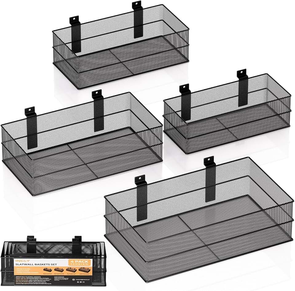 INCLY 4 Pack Upgrade Slatwall Baskets, Heavy Duty Metal Mesh Basket