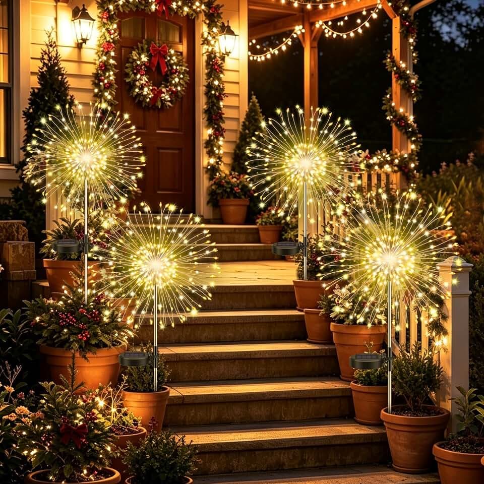 4er-Pack Solarleuchten für den Garten, Löwenzahn Solarfeuerwerk 120 LEDs, 8 Modi Starburst Light, Gartenlampe wasserdicht für Rasen Patio Yard Party Hinterhof Dekoration/warmes Weiß