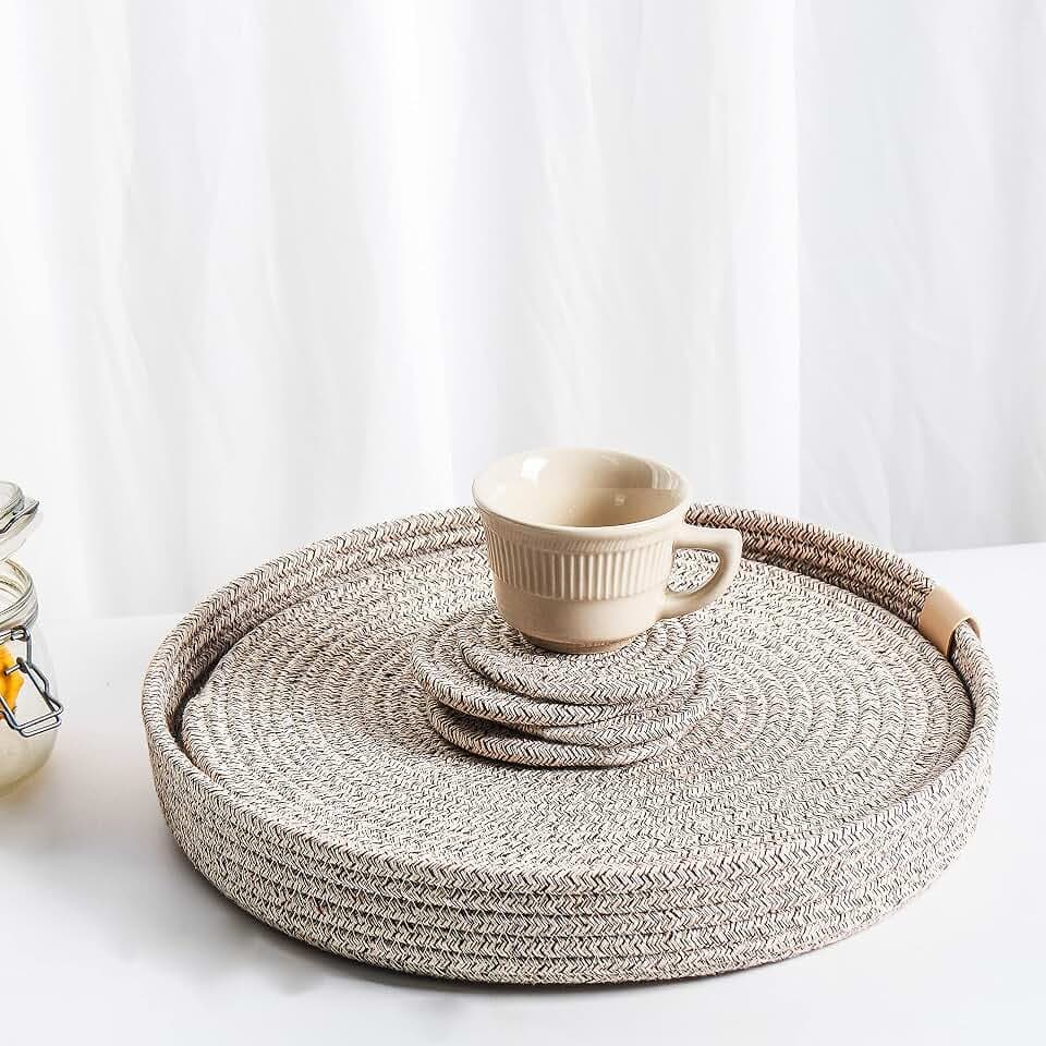 Platzsets aus gewebtem Baumwollseil, rund, 4 Stück, mit Halter, rutschfest und hitzebeständig für Ihre perfekte Tischdekoration. (Braun gemischt, 33 cm Plus Untersetzer)