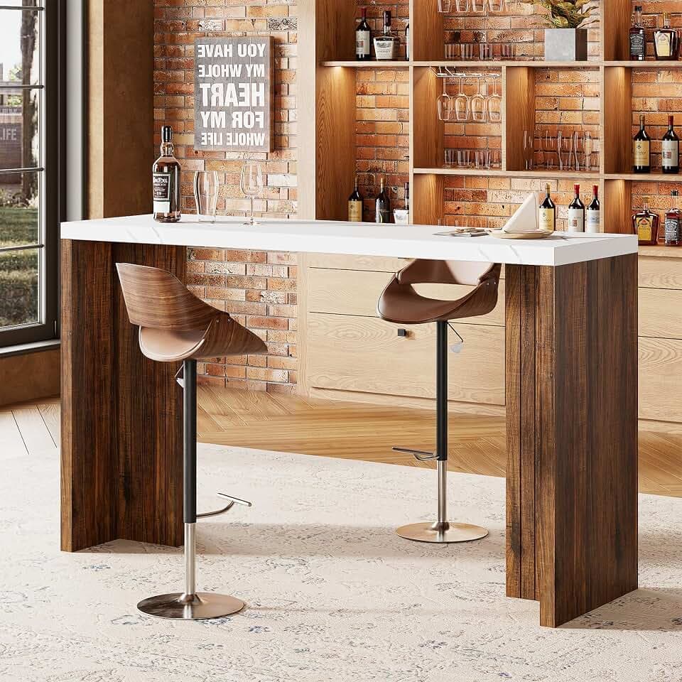 Bar Table for 4-6 People - 55” Long Counter Height Pub with Extra Thickened Tabletop, Modern Rectangular Home Bar Coffee Unit for Kitchen, Dining Room, Balcony, Living Room, Basement, White+Walnut