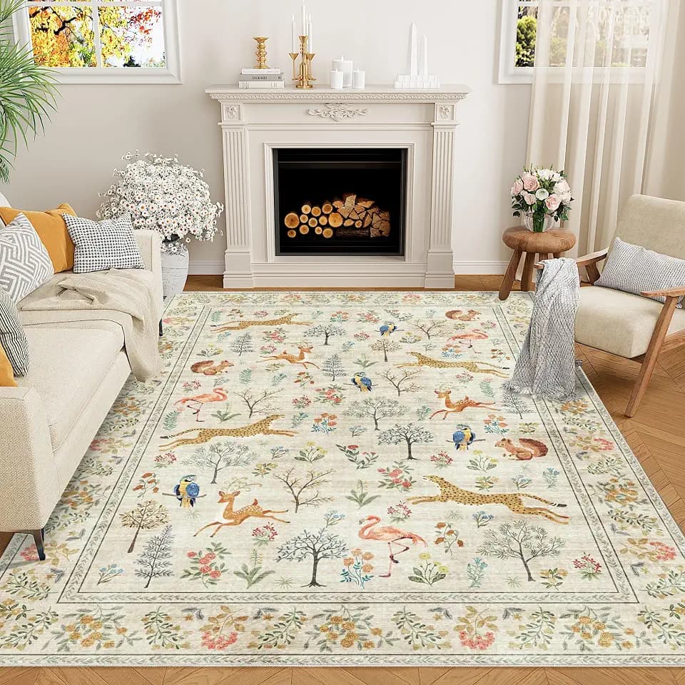 DUKINO 5x7 Area Rugs, Washable Animal Rug for Living Room Non Slip, Beige
