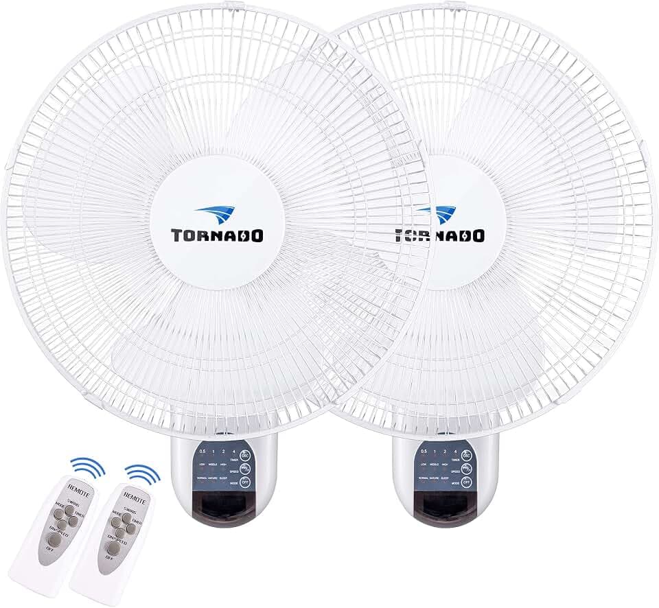 Tornado 2 Pack 16 Inch Wall Mounted Fan for Home, 90°Oscillating, Remote Control, 3 Speed 2650 CFM 6 FT Cord UL Safety Listed