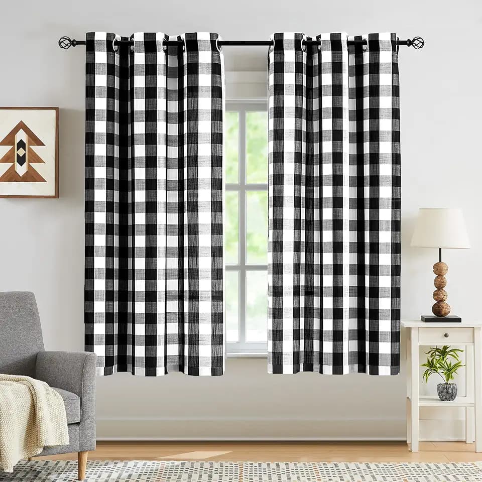 Jubilantex Black White Buffalo Check Semi Sheer Curtain Panels Gingham Plaid Textured Curtains Drapery,Farmhouse Grommet Window Drapes for Living Room Bedroom Kids Room,2 Panels,40"x54"