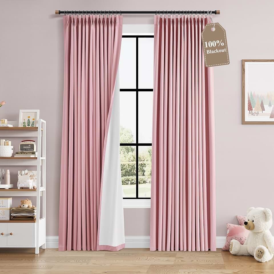 BOODII 100% Blackout Linen Pinch Pleated Curtains 84 Inches Long Pink