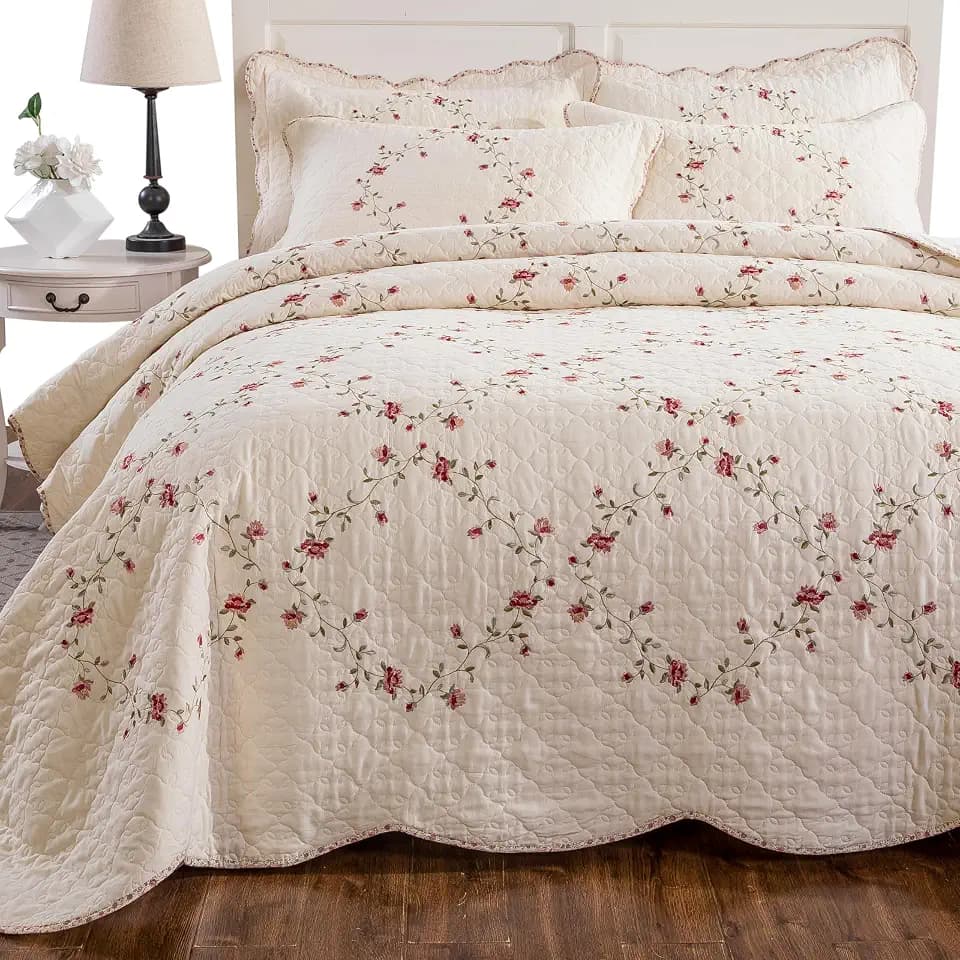 Quilt Set Floral Leaves 3D Embroidery Pattern 3 PCS Cotton Reversible Quilted Embroidered Decorative Bedspreads Coverlet Set, Lightweight &Soft Full Size Beige Bedding Coverlet for All Season