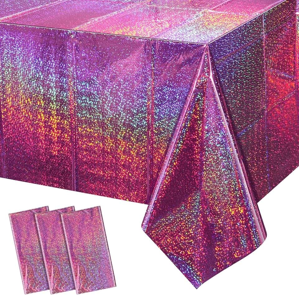 FunnyPars 3 Pack Pink Iridescent Table Cloth for Parties, Pink Plastic Shiny Laser Table Covers, Disposable Holographic Foil Tablecloth Iridescent Party Decorations for Girl Birthday Wedding, 54x108