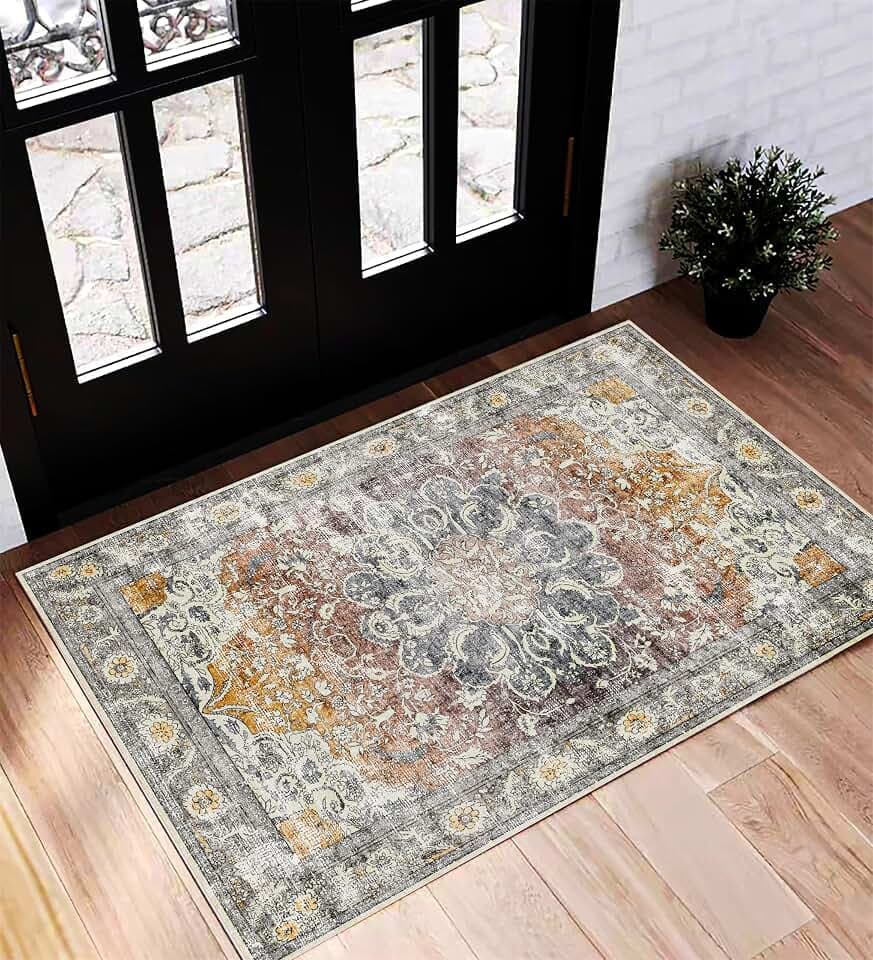 CHAMPLANT Area Rug 2x3 Washable Rug Door Mat Vintage Distressed Taupe Doormat Indoor Entrance Traditional Thin Floral Print Non Slip Carpet for Kitchen Bathroom Bedroom Living Room