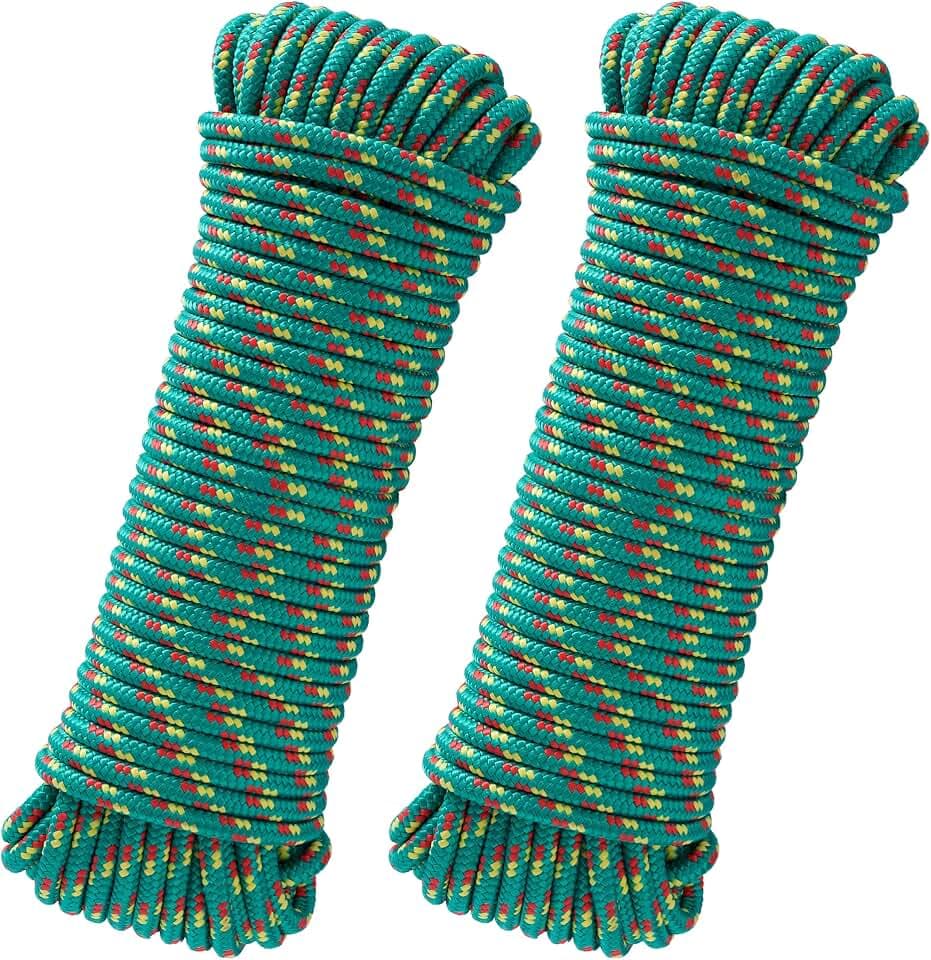 3/8 Inch 100 ft Diamond Braided Polypropylene Rope, Green, 2 Pack