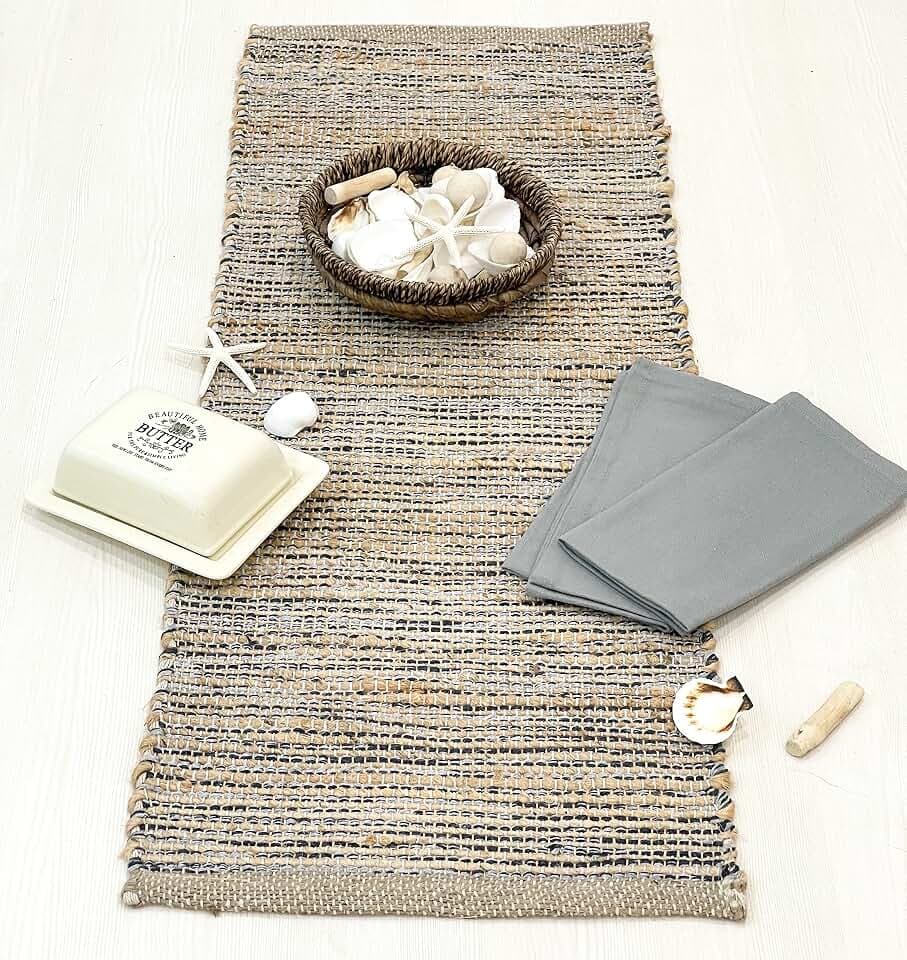 Chardin home Natural Jute Table Runner 13x48 Inch – Vintage Boho Rustic Table Decor – Handwoven Table Runner in Natural Jute and Grey – Farmhouse Dining or Console Table Accent