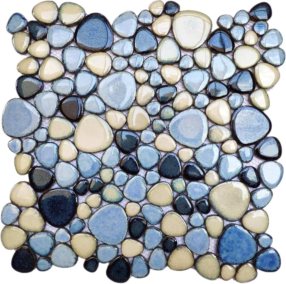 Shower Floor Pebble Tile Blue Mosaic Tiles for Bathroom Wall Backsplash Floor [Set of 5 Sheets]